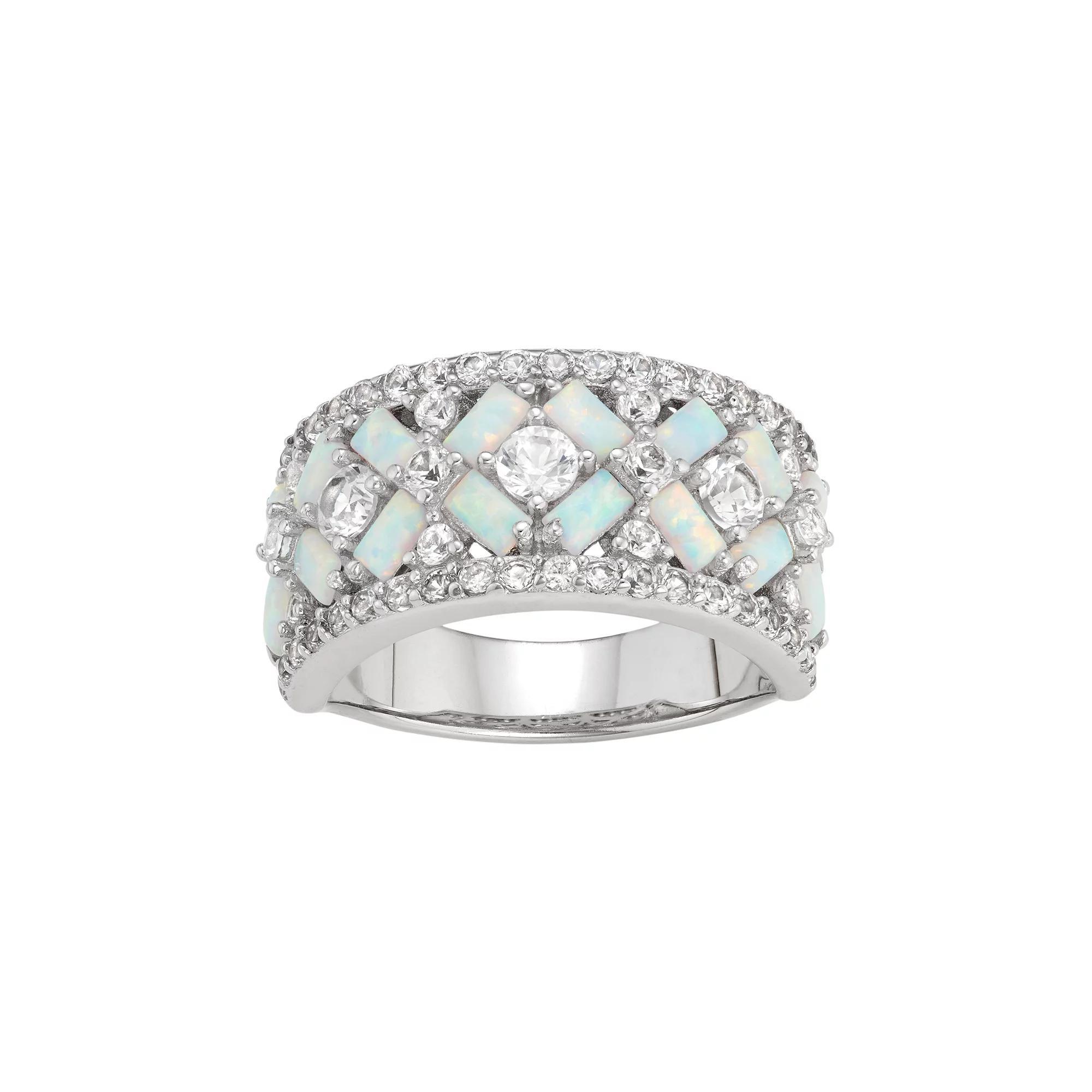 Designs by Gioelli Sterling Silver Lab-Created Opal & White Sapphire X Ring, Women's, Size: 8 Product Image