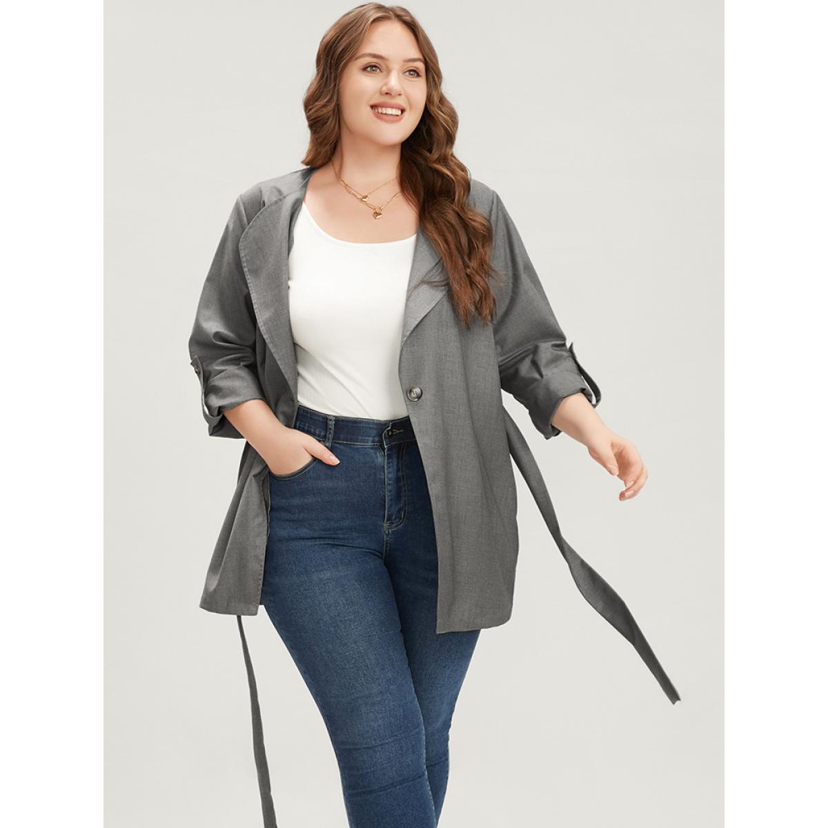 Plus Size Plain Lapel Collar Pocket Roll Sleeve Belted Coat Women Gray Office Pocket Ladies Dailywear Winter Coats BloomChic 22-24/3X Product Image