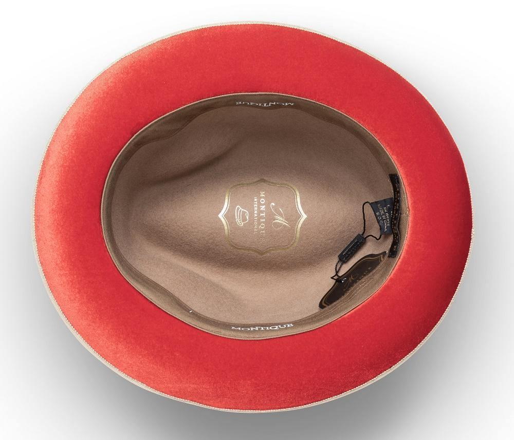 2 ¼" Brim Wool Felt Dress Hat with Feather Accent Tan with Red Bottom Product Image
