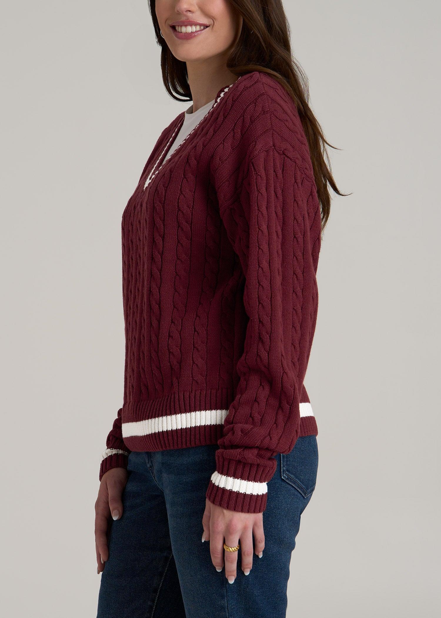 V-Neck Collegiate Sweater for Tall Women in Red Ochre and Winter White Product Image