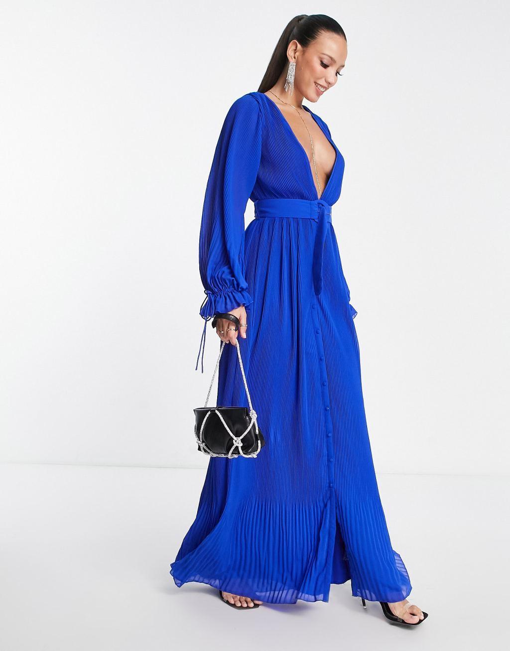 ASOS DESIGN Tall pleated blouson sleeve maxi dress with belt detail Product Image