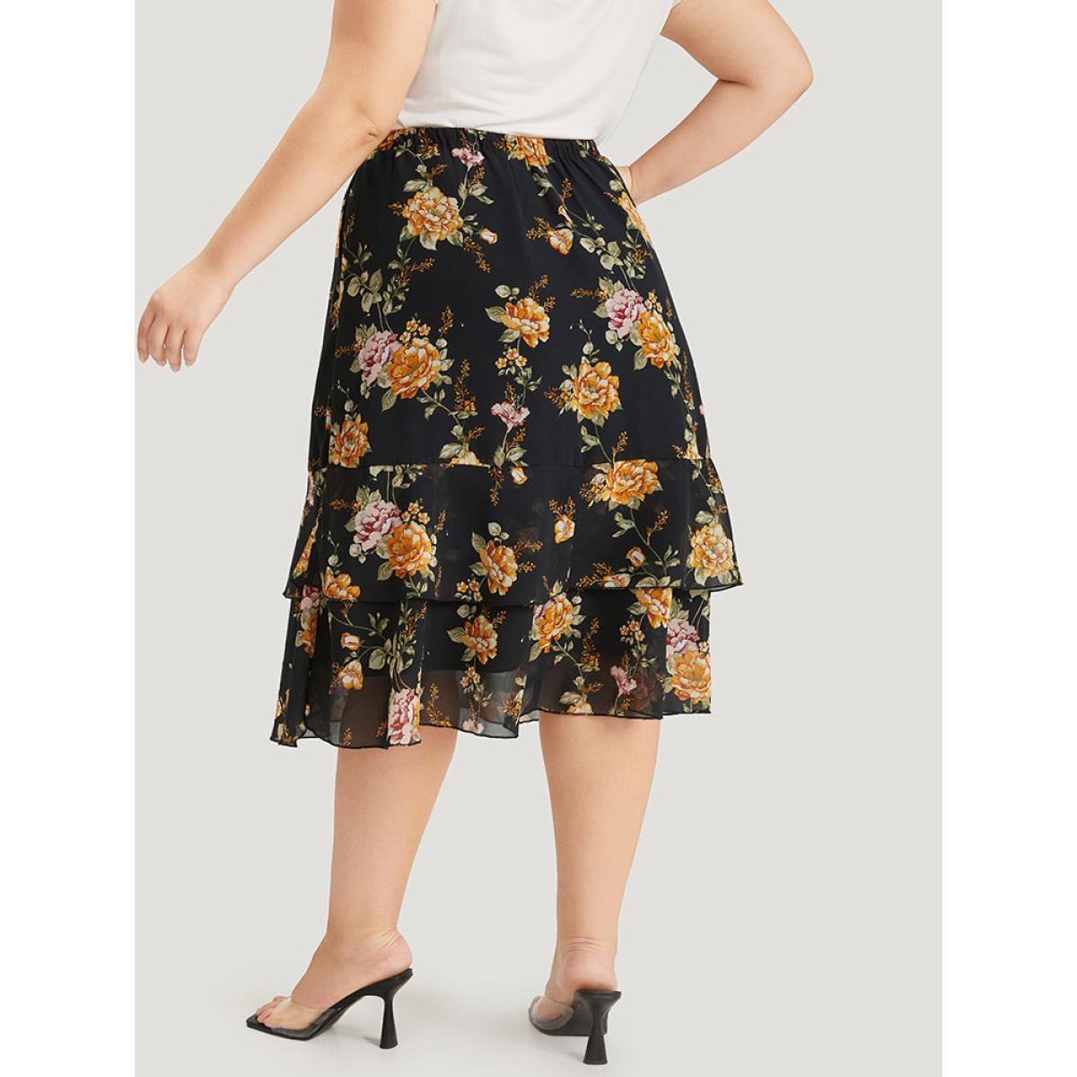 Plus Size Floral Printed Flutter Layered Skirt Women Black Elegant See through No stretch Pocket Dailywear Skirts BloomChic 28/5X Product Image
