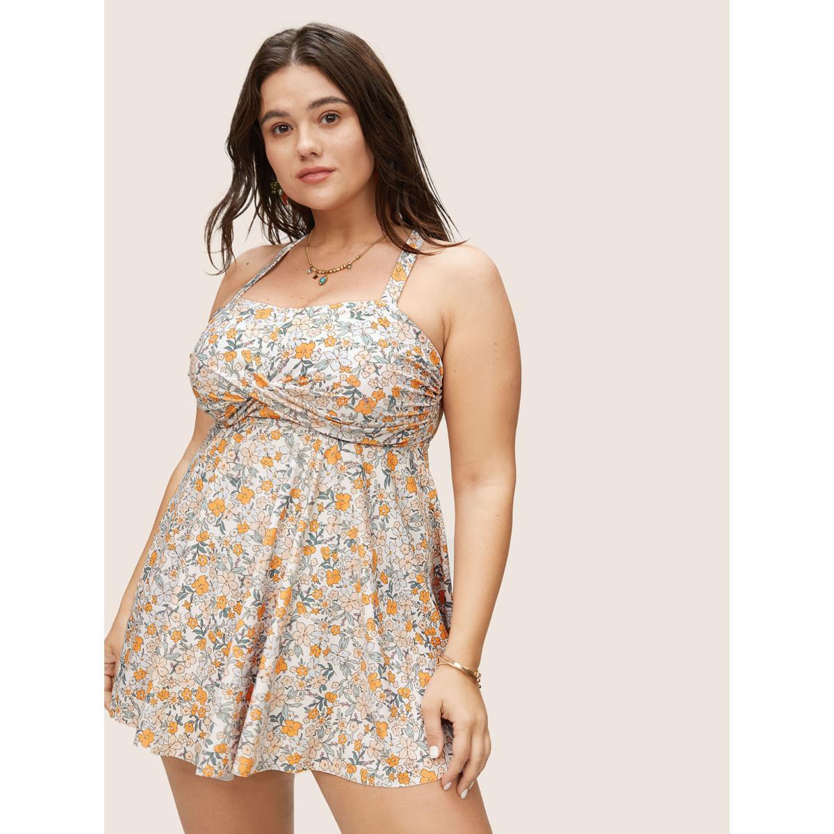 Plus Size Ditsy Floral Crossover Adjustable Straps Swim Top Women's Swimwear Apricot Beach Twist High stretch Bodycon Strapless Curve Swim Tops BloomChic 12/L Product Image
