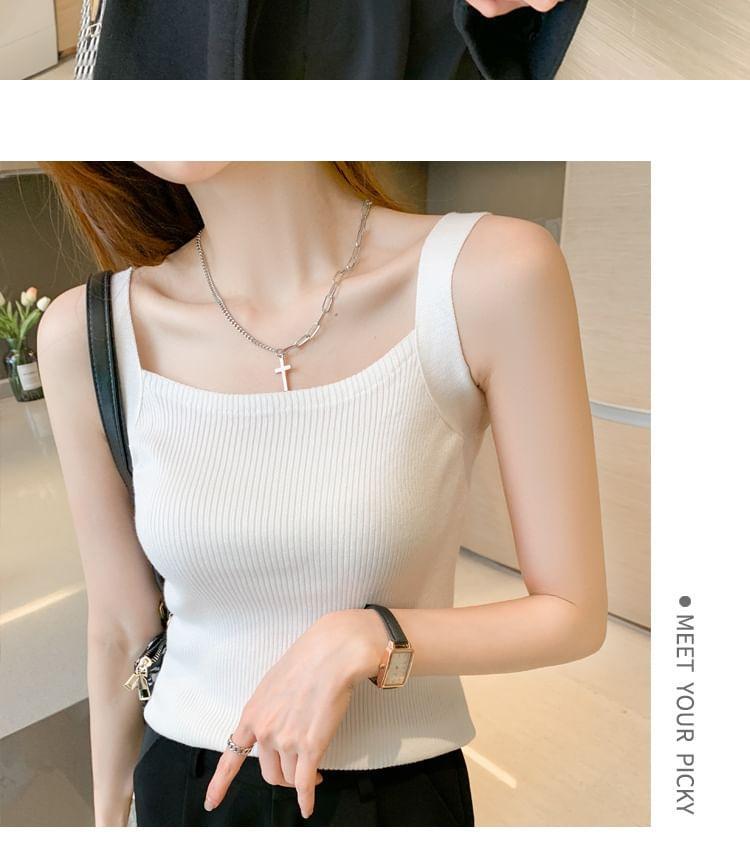 Square Neck Plain Ribbed Knit Tank Top Product Image