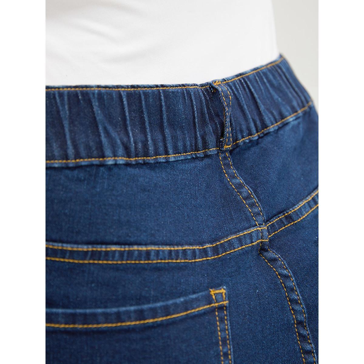 Plus Size Skinny Very Stretchy High Rise Dark Wash Elastic Waist Jeans Women DarkBlue Casual Plain High stretch Pocket Jeans BloomChic 12/L Product Image