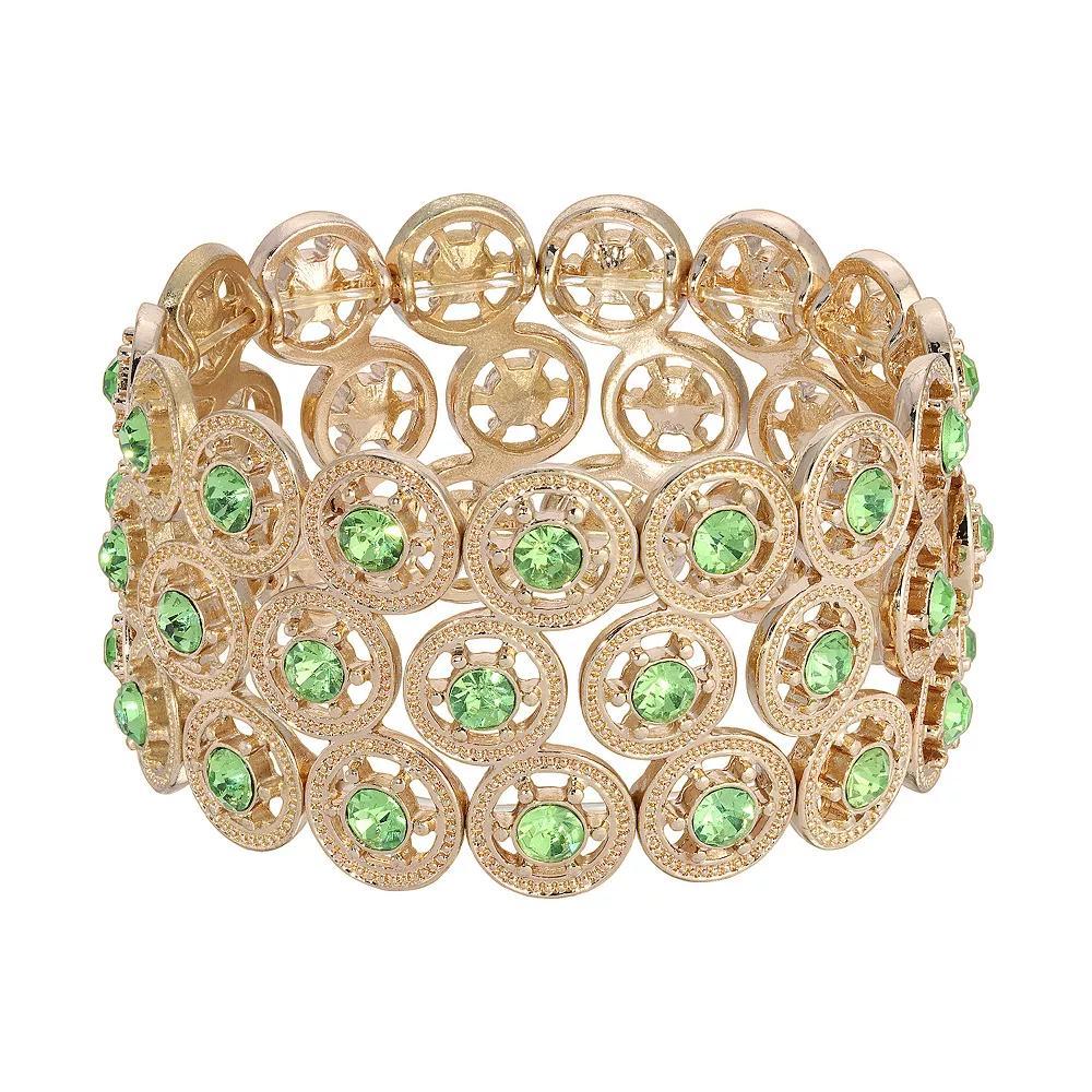 1928 Spoked Crystal Wide Stretch Bracelet, Womens, Gold Tone Green Product Image