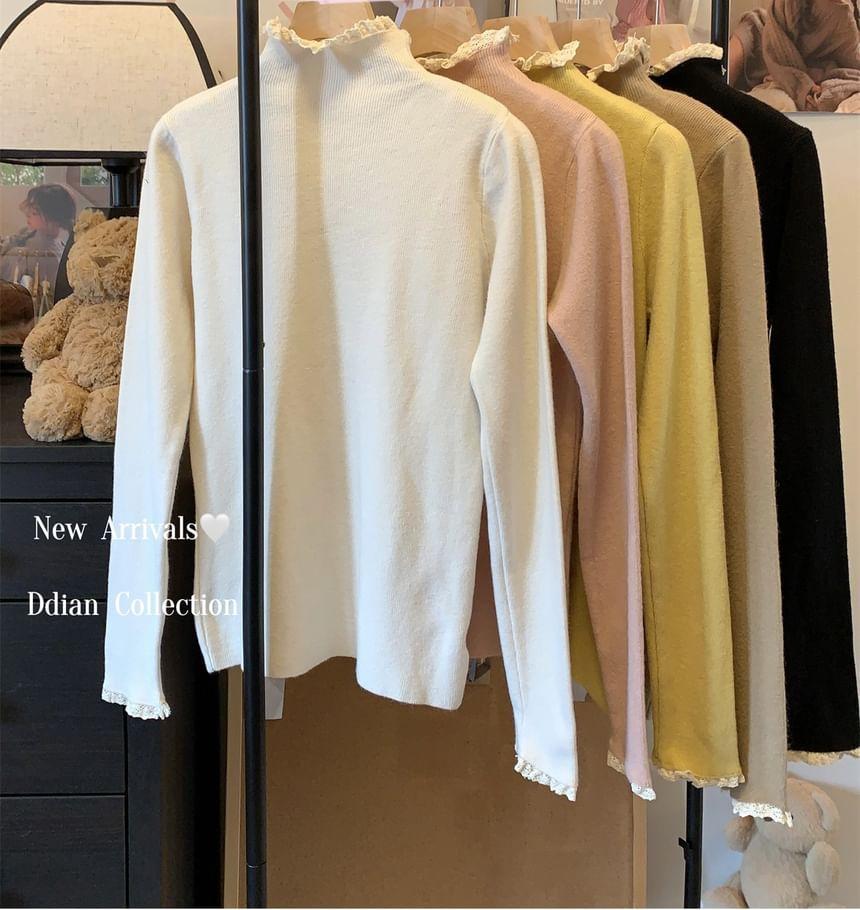 Long-Sleeve Mock Neck Lace Trim Knit Top Product Image
