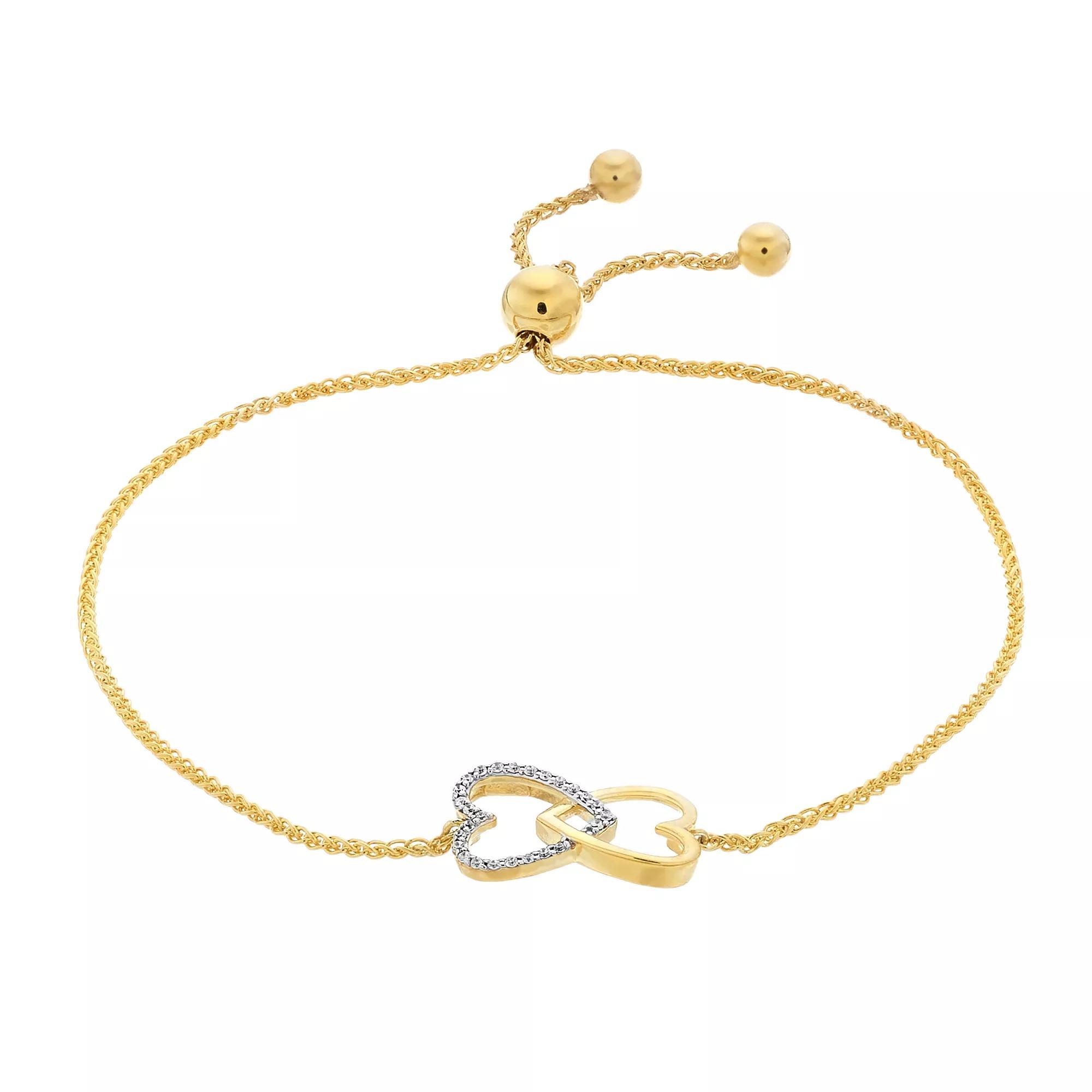 Gold Over Silver 1/10 Carat T.W. Diamond 2 Heart Adjustable Bracelet, Women's, Size: 5-9" ADJ, Gold Tone Product Image