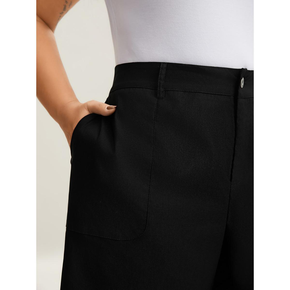 Plus Size Rubber Waist Zipper Pockets Shorts Women Black Casual Button Straight Leg Everyday Shorts BloomChic 30/6X Product Image