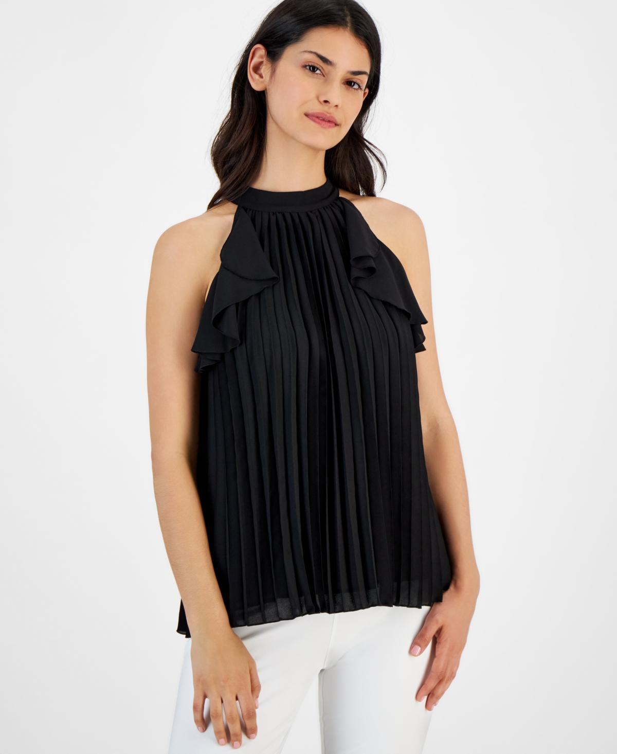 T Tahari Womens Pleated Mock-Neck Sleeveless Top Product Image