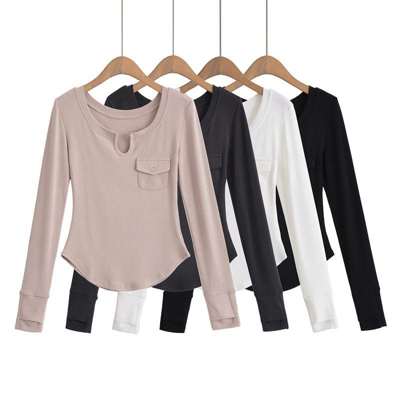 Long-Sleeve Notch Neck Plain Pocket Detail Tee Product Image