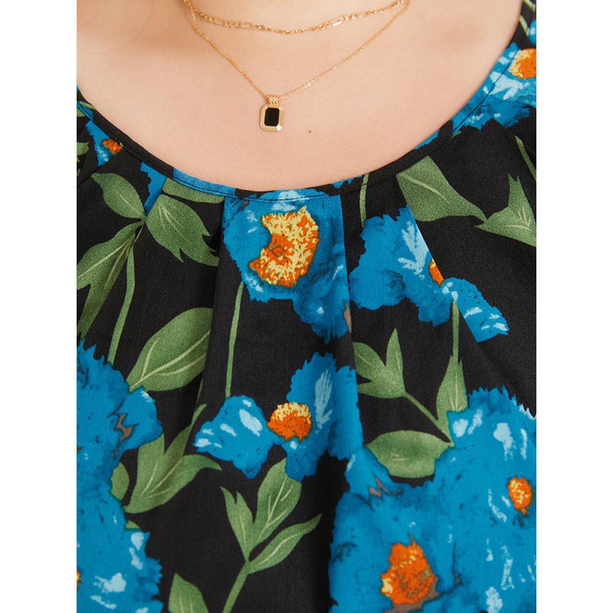 Plus Size Black Floral Print Raglan Sleeve Pleated Flutter Blouse Women Glamour Short sleeve Round Neck Going out Blouses BloomChic 14-16/1X Product Image