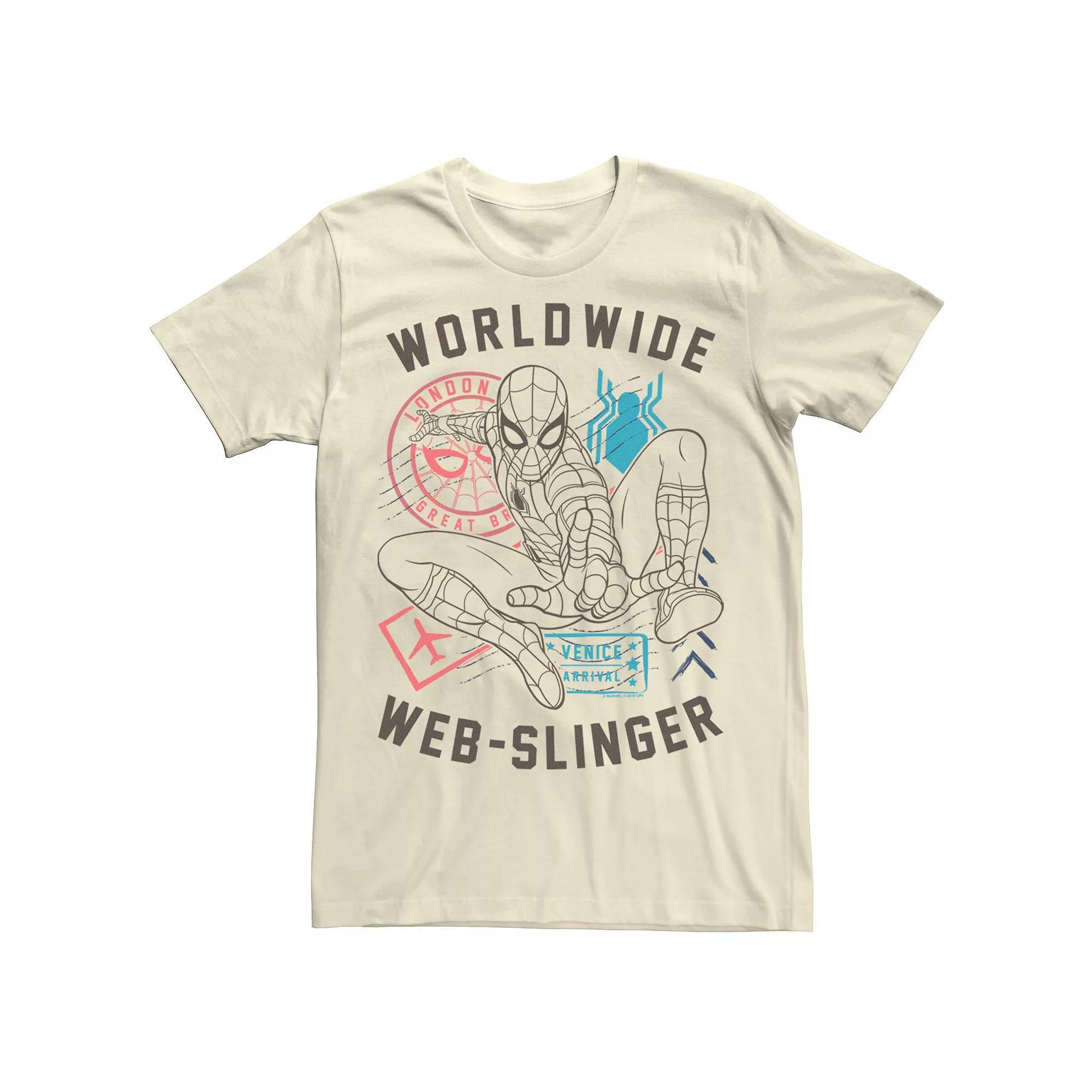 Men's Marvel Spider-Man Far From Home Worldwide Web-Slinger Poster Tee, Size: Medium, Natural Product Image