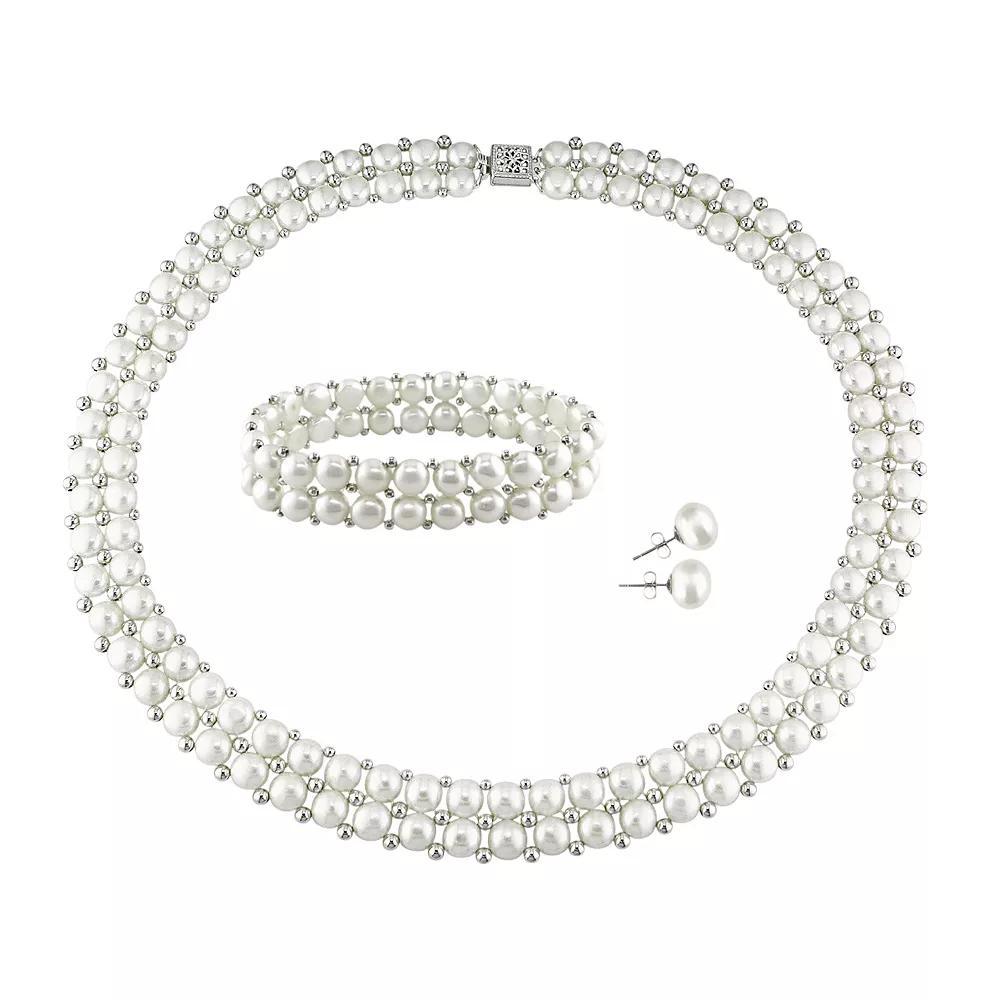 Stella Grace Sterling Silver Freshwater Cultured Pearl Necklace, Stretch Bracelet and Stud Earring Set, Womens, White Product Image