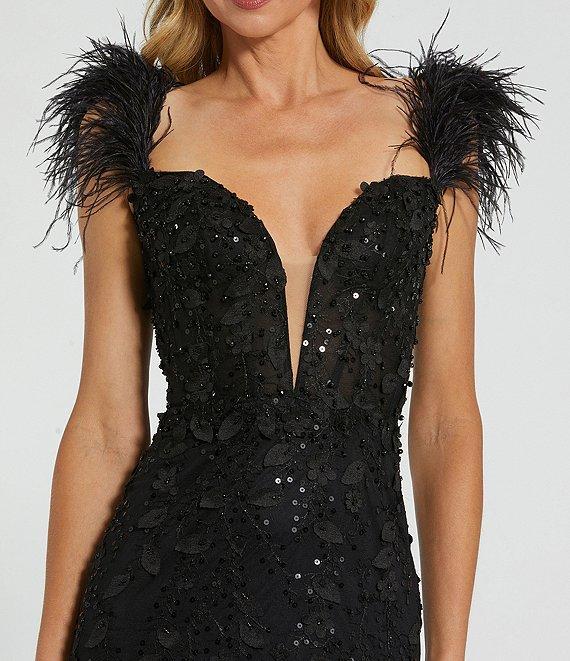 Mac Duggal Sweetheart Neck Sleeveless Spaghetti Strap Feather Trim Sheer Applique Bustier Mermaid Gown Product Image