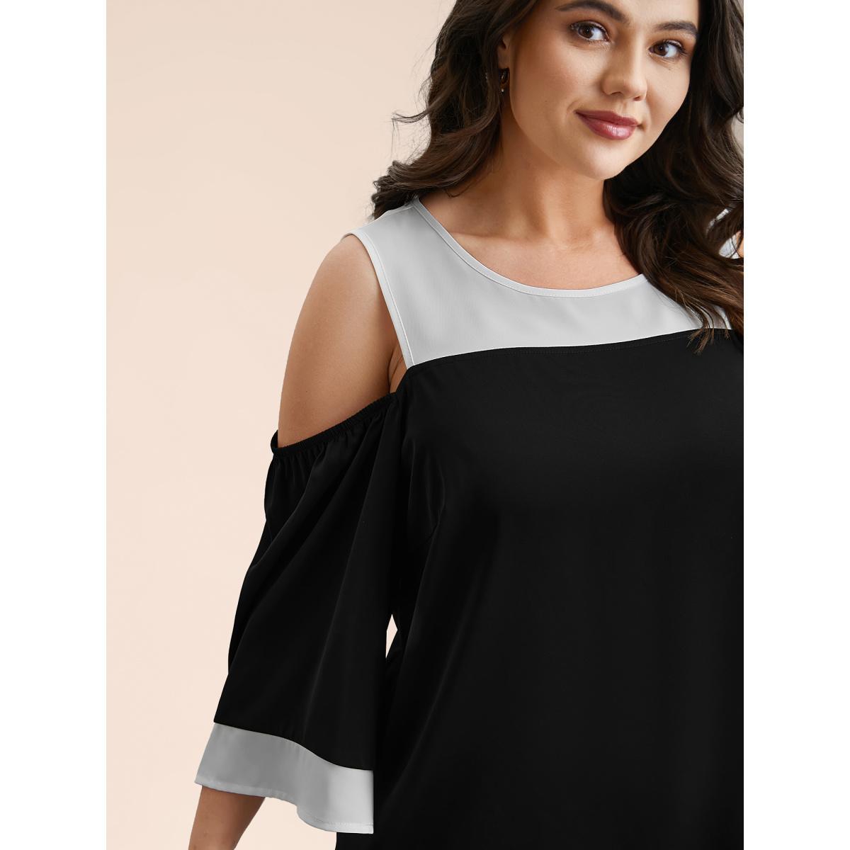 Plus Size Black Color-Block Off-Shoulder Pleated Blouse Women Elegant Elbow-length sleeve Round Neck Everyday Blouses BloomChic 30/6X Product Image