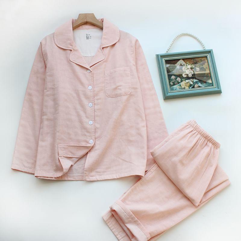 Couple Matching Pajama Set: Long-Sleeve Plain Top + Pants Product Image