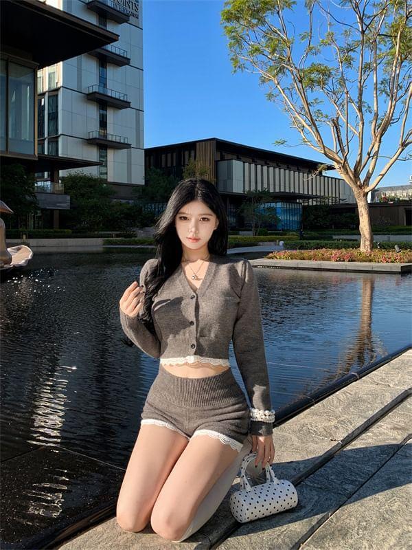 Set: V-Neck Lace Trim Crop Cardigan + High Waist Knit Shorts Product Image
