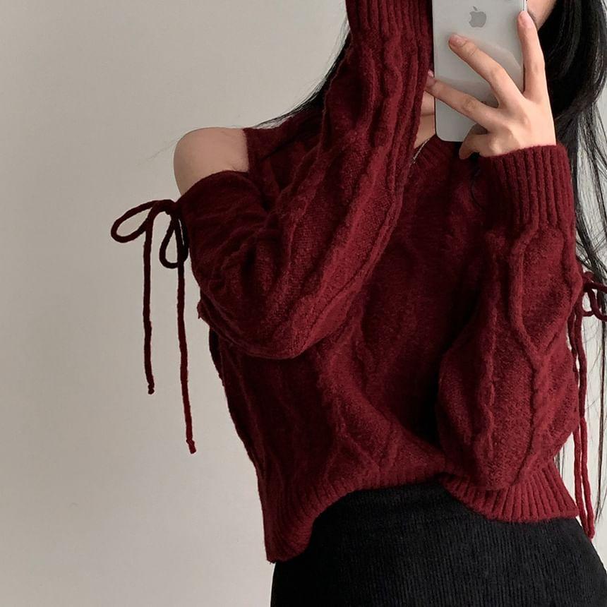 Cold-Shoulder Long-Sleeve Plain Bow Sweater Product Image