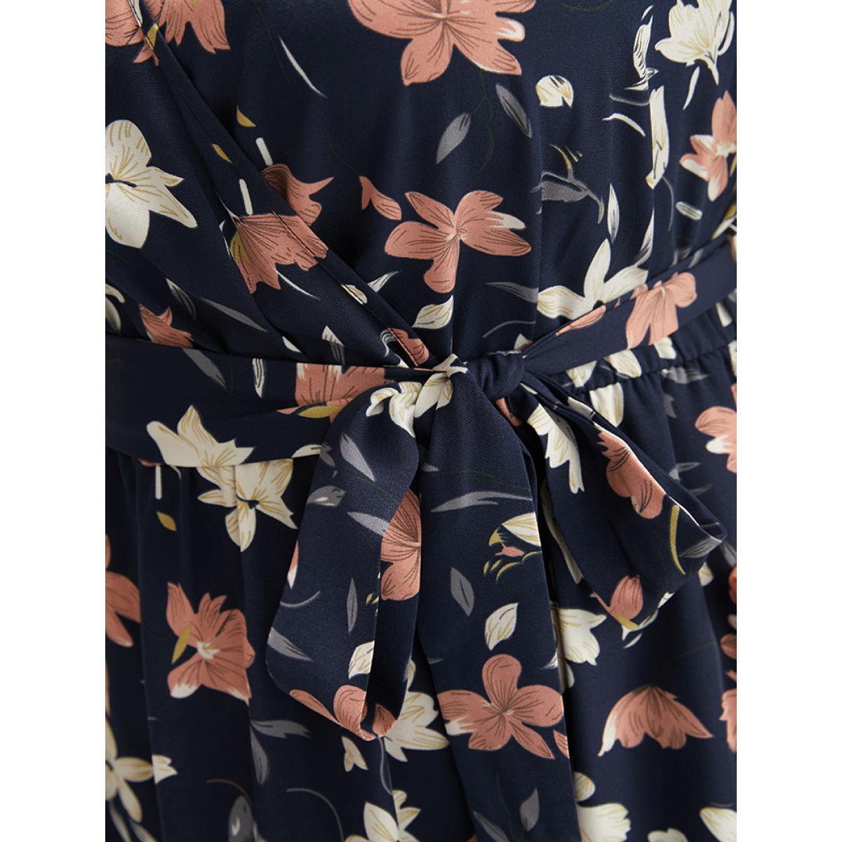 Plus Size Floral Printed Lantern Sleeve Pocket Belted Surplice Neck Dress DarkBlue Women Elegant Pocket V-neck Long Sleeve Curvy Midi Dress BloomChic 22-24/3X Product Image