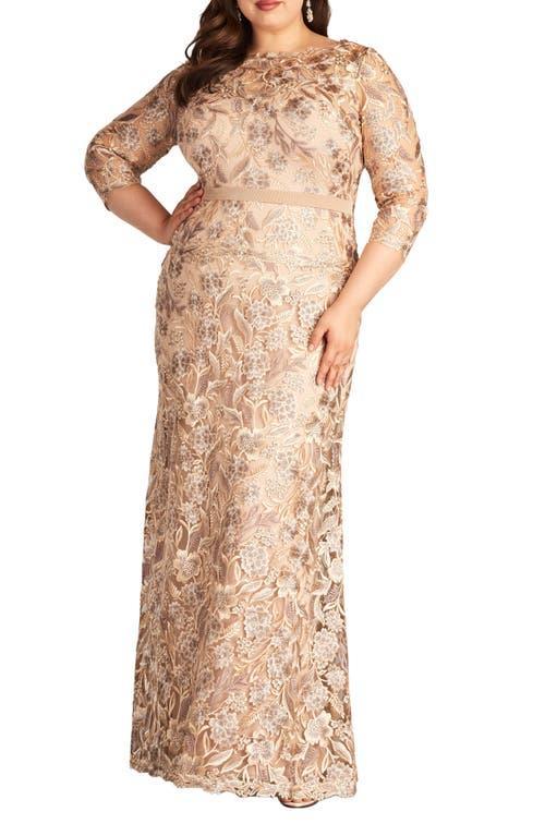 Womens Plus Three-Quarter-Sleeved Embroidered Lace Gown Product Image