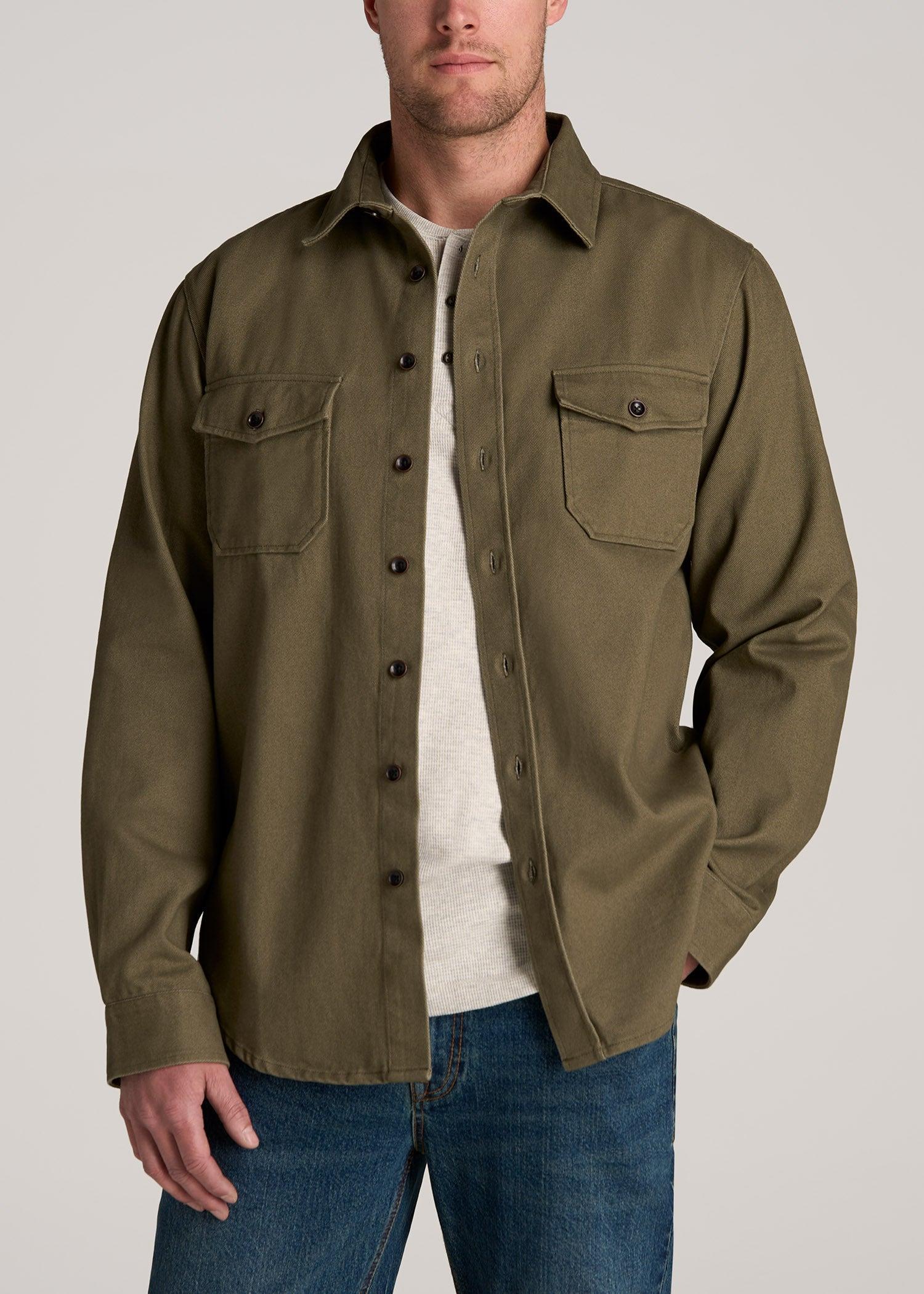 LJ&S Heavyweight Cotton Twill Overshirt for Tall Men in Vintage Moss Green Product Image