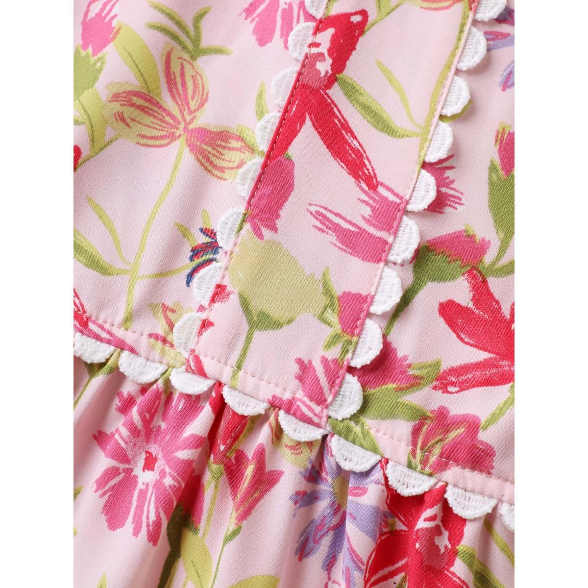 Plus Size Floral Color Block Lace Trim Midi Dress Blush Women Woven ribbon&lace trim Notched collar Cap Sleeve Curvy BloomChic 28/5X Product Image