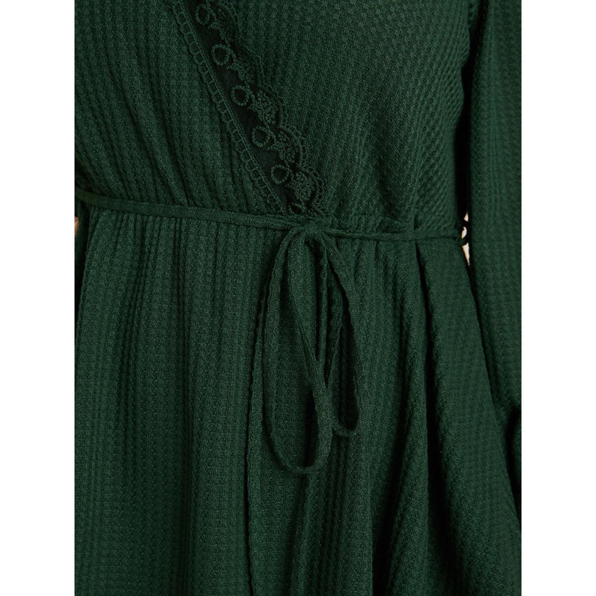 Plus Size DarkGreen Solid Ties Up Wrap Contrast Lace Waffle Knit Blouse Women Elegant Long Sleeve V-neck Dailywear Blouses BloomChic 10/M Product Image