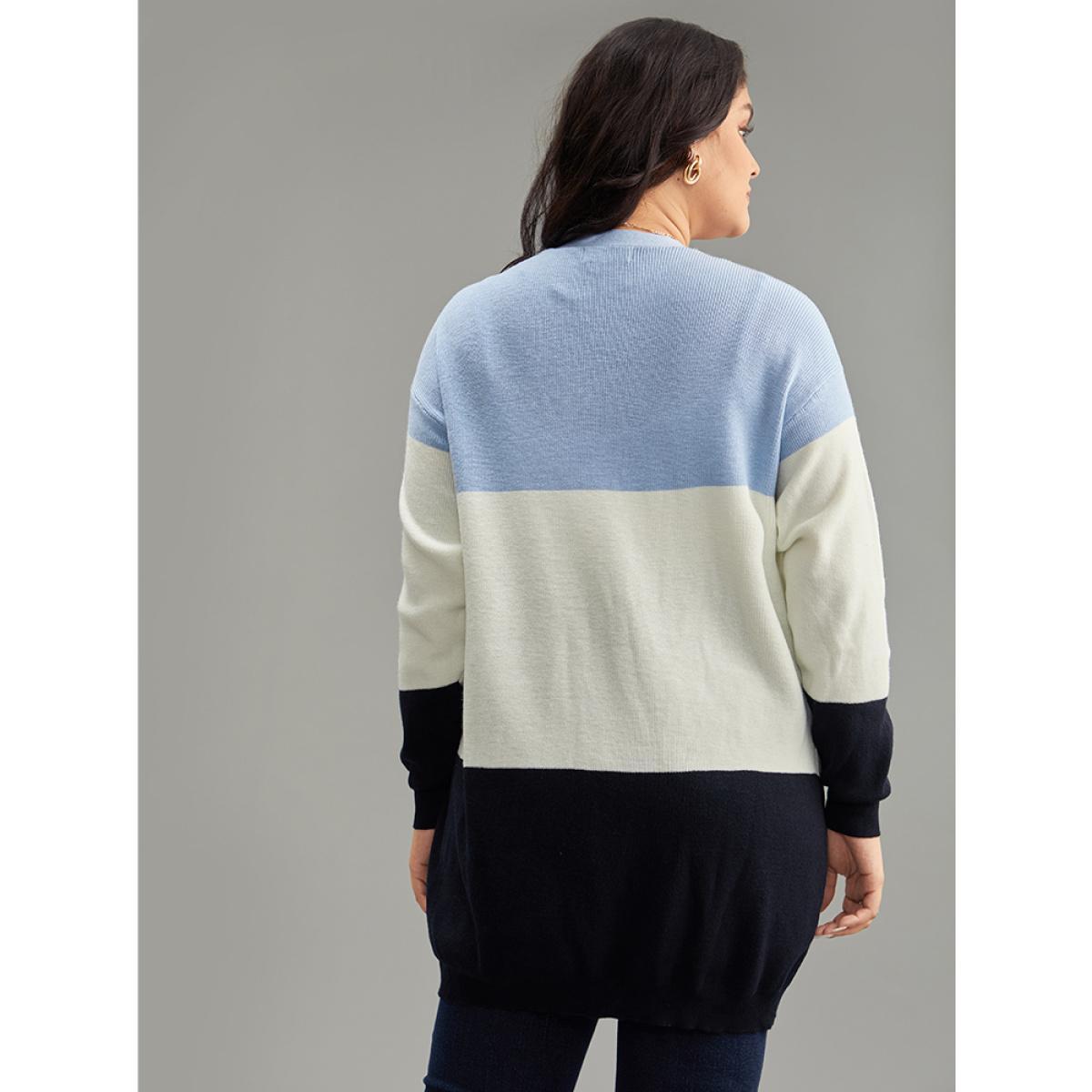 Plus Size Supersoft Essentials Colorblock Contrast Open Front Cardigan Blue Women Casual Loose Long Sleeve Everyday Cardigans BloomChic 28/5X Product Image