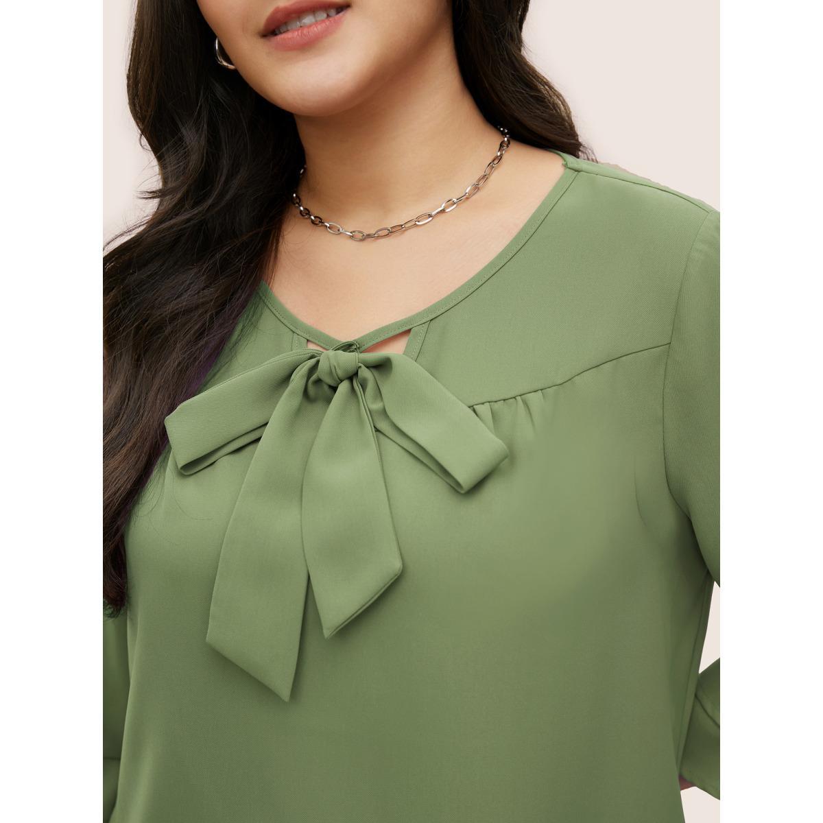 Plus Size Sage Solid Ribbon Tied Collar Bell Sleeve Blouse Women At the Office Elbow-length sleeve Ribbon-tied collar Work Blouses BloomChic 14-16/1X Product Image
