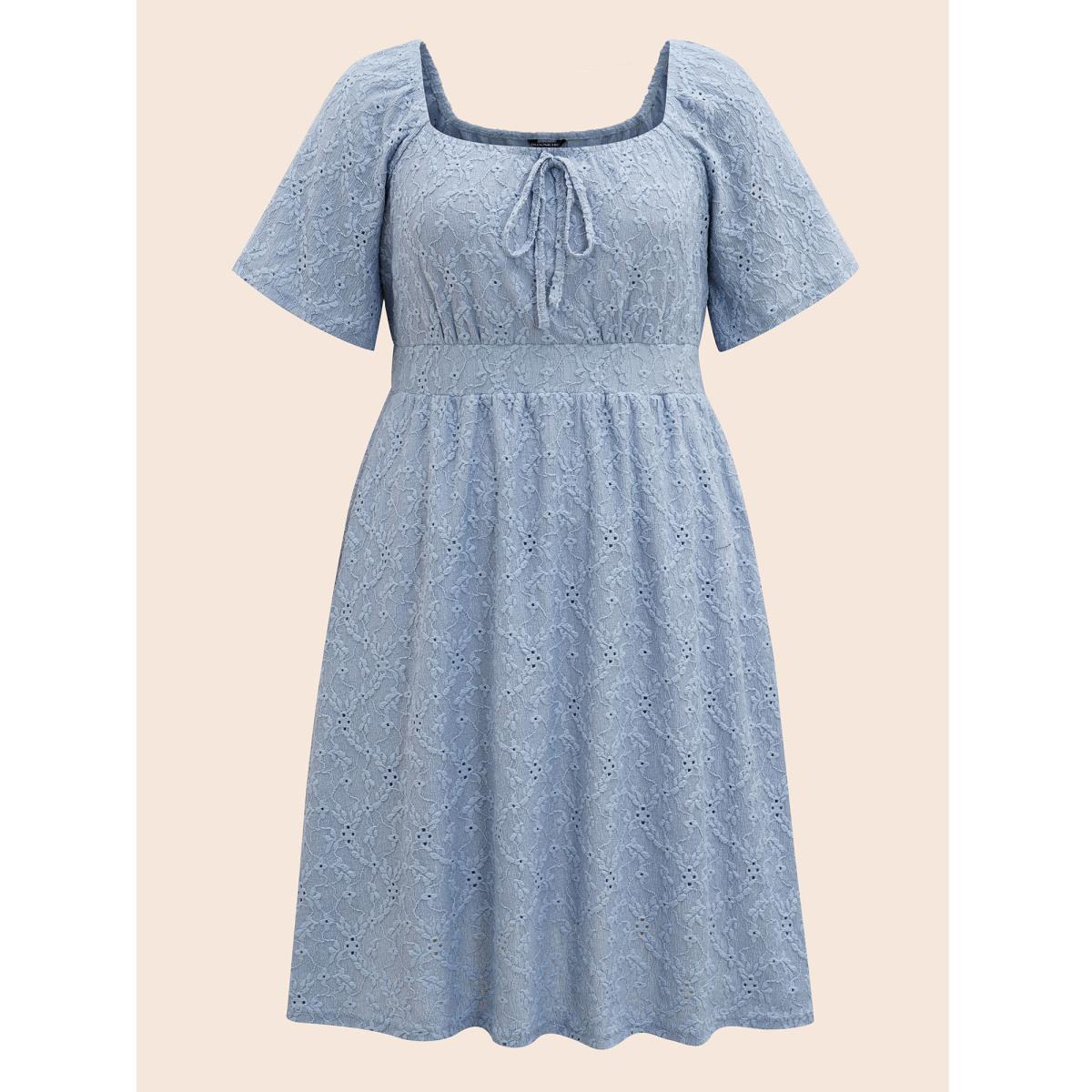 Plus Size Textured Bowknot Ruffle Sleeve Dress Stone Women Elegant Tie knot Square Neck Short sleeve Curvy BloomChic 26/4X Product Image
