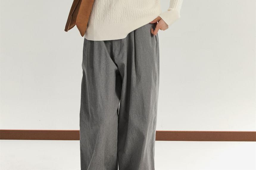 Long-Sleeve V-Neck Plain Button Accent Cable Knit Top Product Image