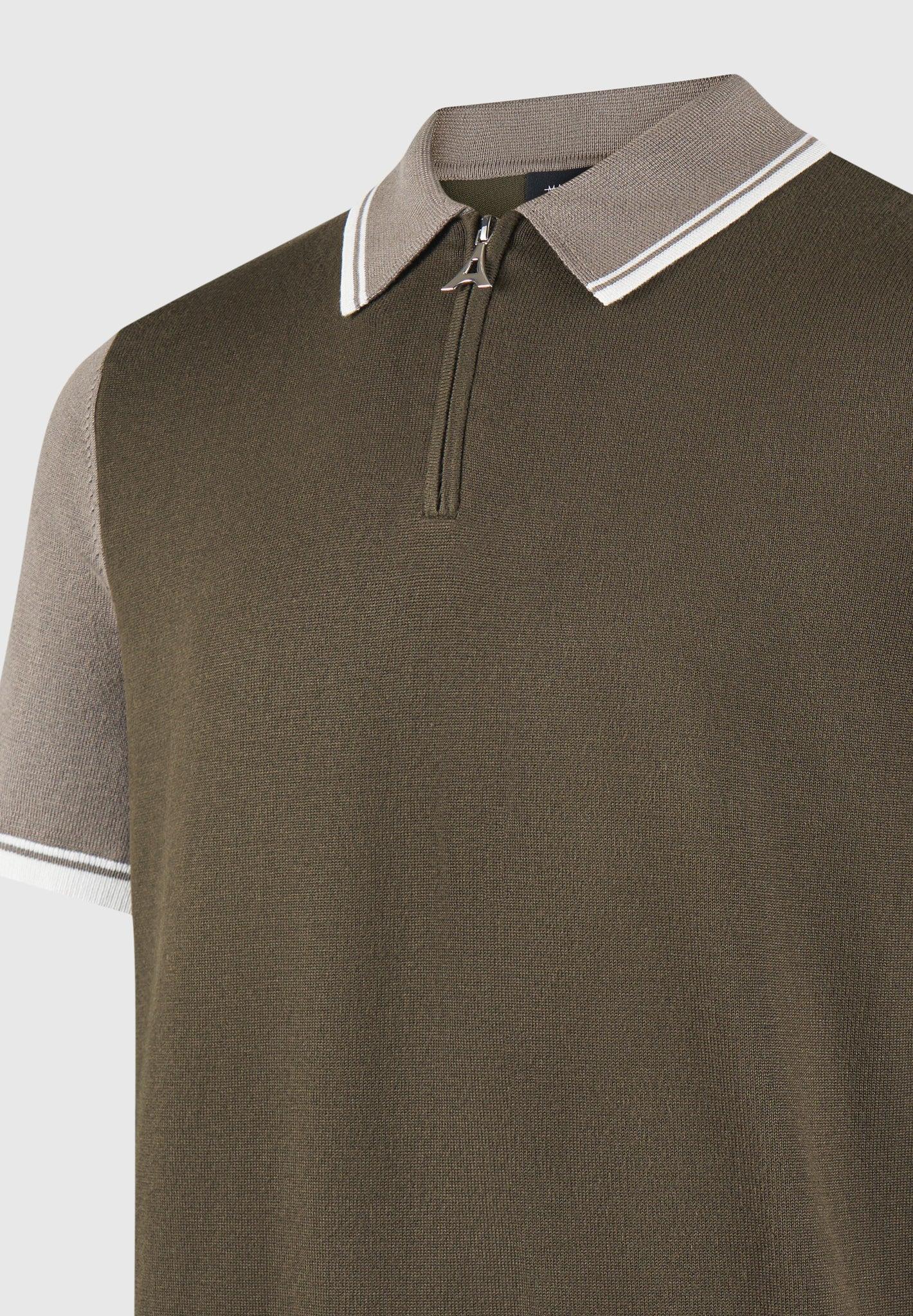 Colour Block Zip Polo Shirt - Khaki Male Product Image