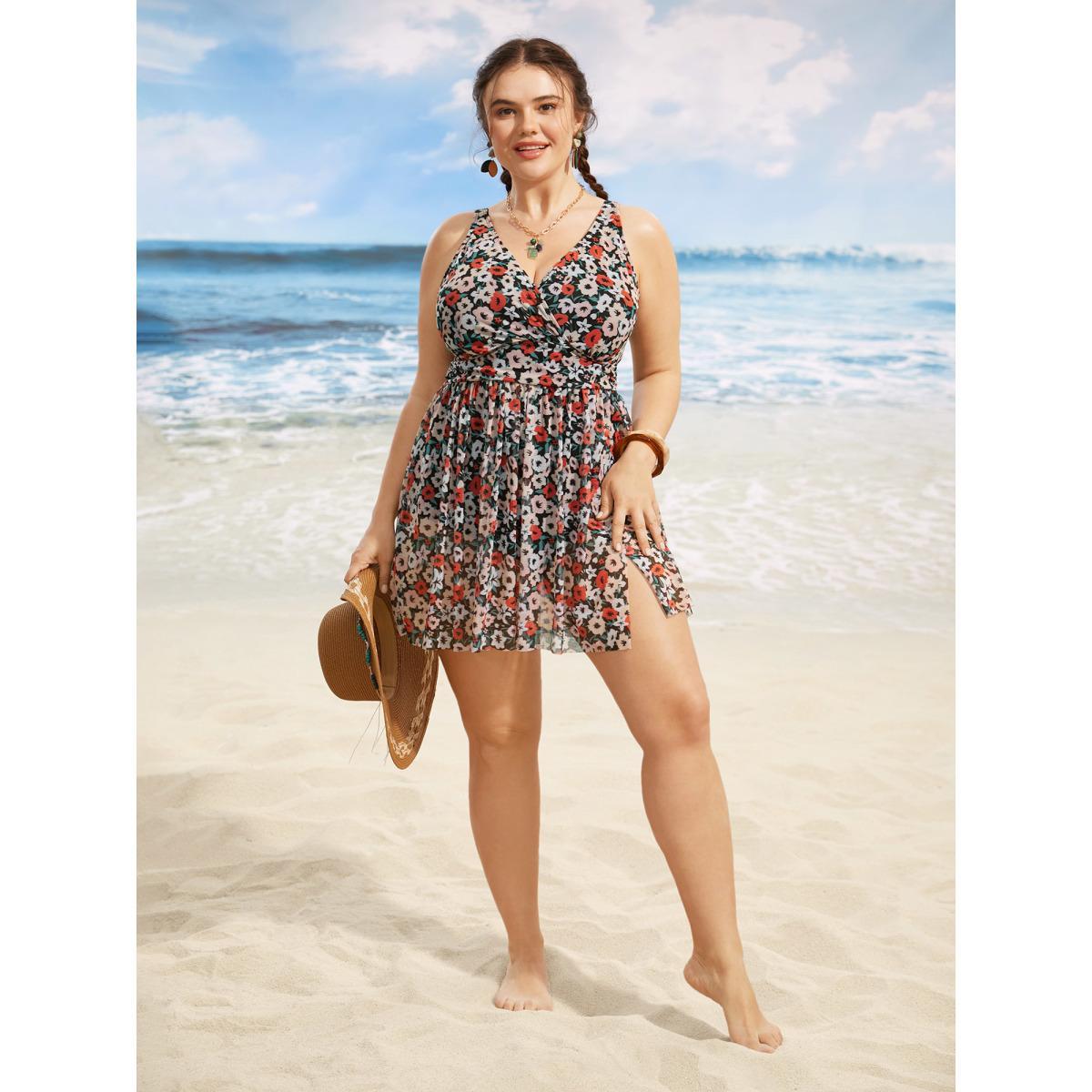 Plus Size Natural Flowers Mesh Slit Hem Gathered Swim Dress Women's Swimwear Multicolor Beach Bodycon Overlap Collar High stretch Curve Swim Dresses BloomChic 28/5X Product Image