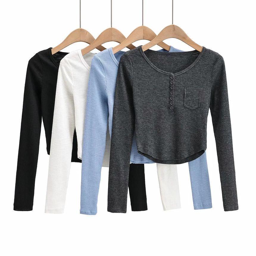 Long Sleeve Half-Button Plain Slim-Fit Knit Top Product Image
