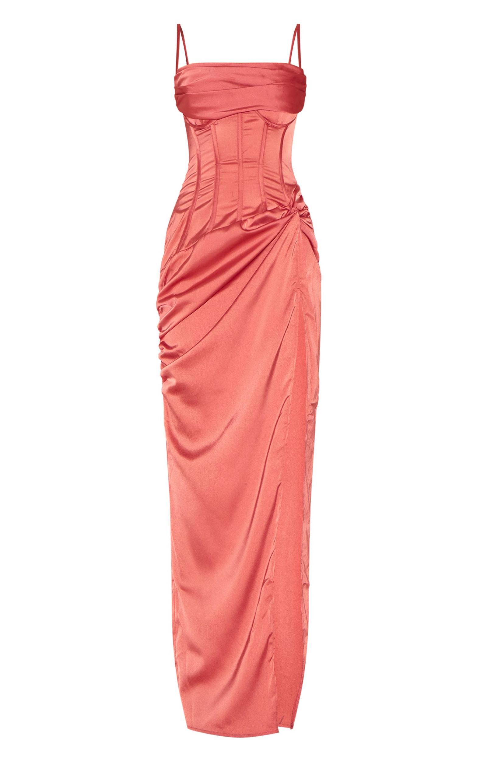 Coral Draped Corset Ruffle Gathered Dress Product Image