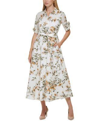 Calvin Klein Cotton Shirt Dress with Short Sleeve Tie Detail (Luggage Multi) Women's Dress Product Image