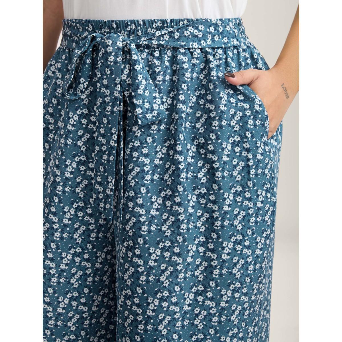 Plus Size Floral Print Belted Wide-Leg Pants Women Mediumblue Elegant Wide Leg Mid Rise Everyday-Elegant Pants BloomChic 30/6X Product Image