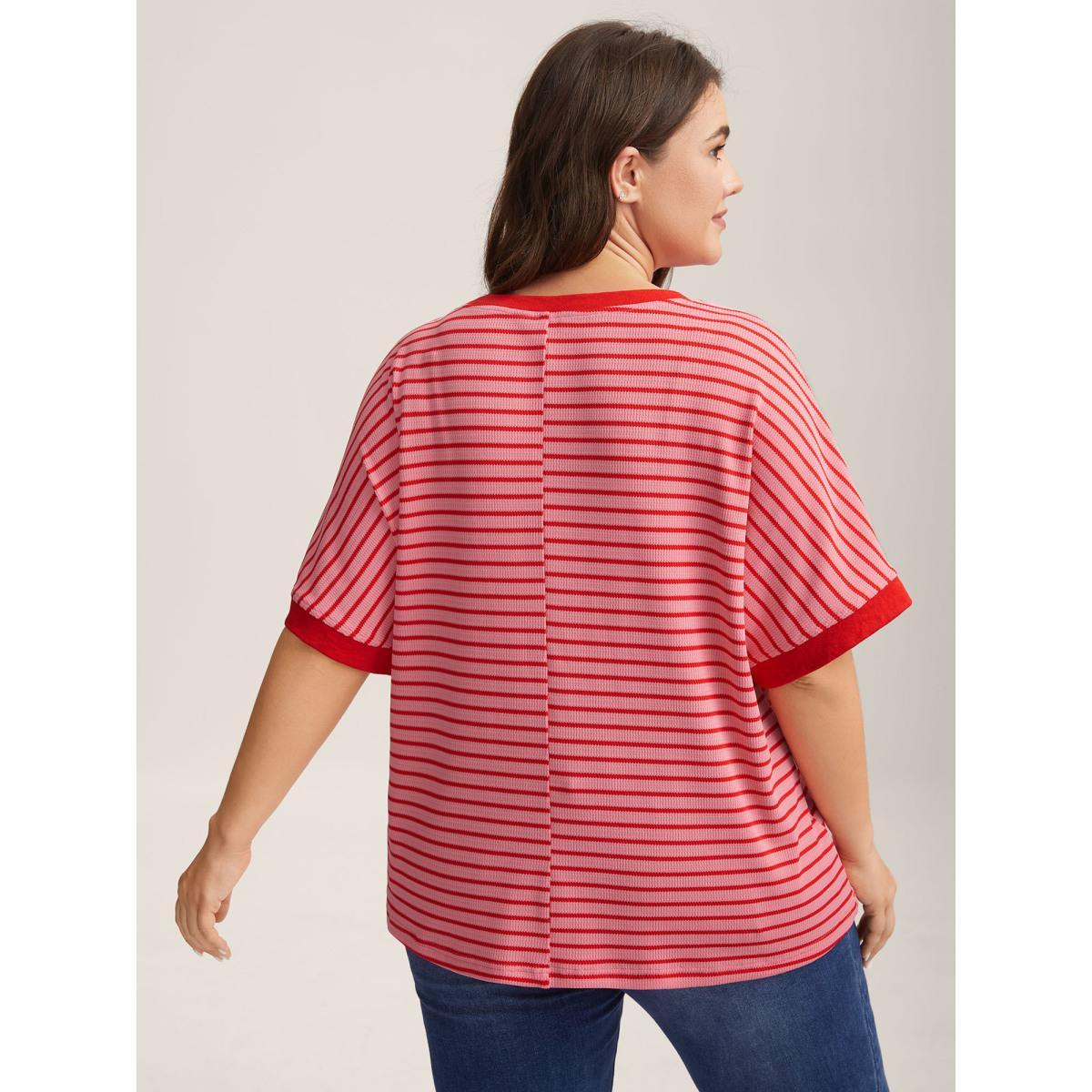 Plus Size Romantic Stripes Contrast T-Shirt Blush Women Gathered Round Neck Loose Everyday-Casual T-shirts BloomChic 10/M Product Image