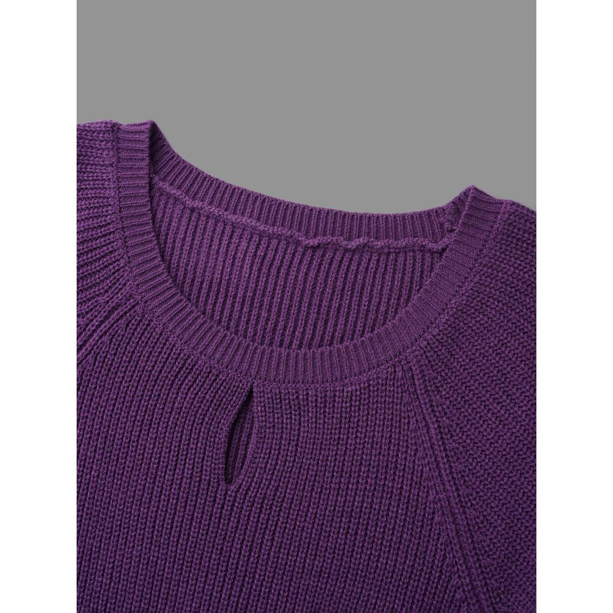 Plus Size Plain Textured Keyhole Raglan Sleeve Pullover Deeppurple Women Elegant Bodycon Long Sleeve Round Neck Everyday Pullovers BloomChic 10/M Product Image