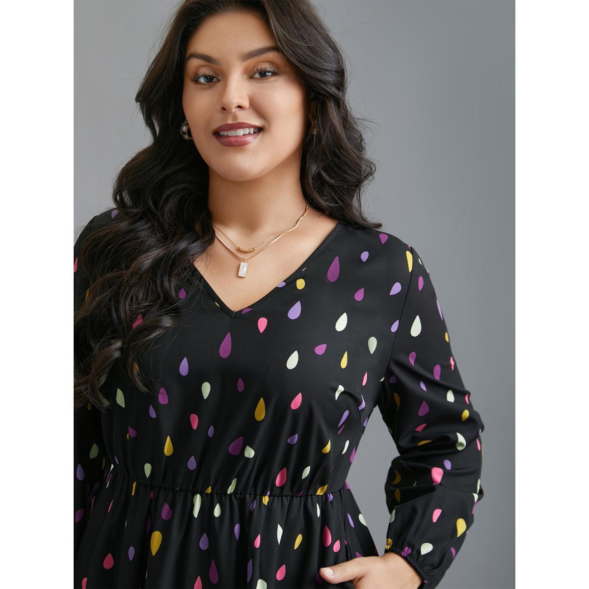 Plus Size V Neck Color Contrast Lantern Sleeve Dress Black Women Elegant Contrast V-neck Long Sleeve Curvy BloomChic 30/6X Product Image