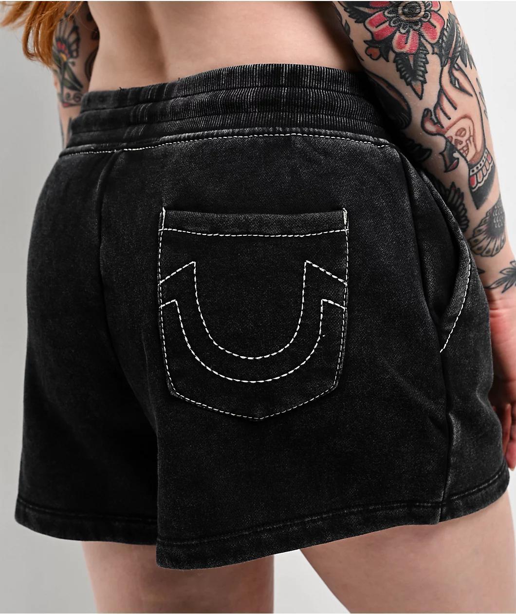True Religion Acid Wash Big T Black Sweat Shorts Product Image
