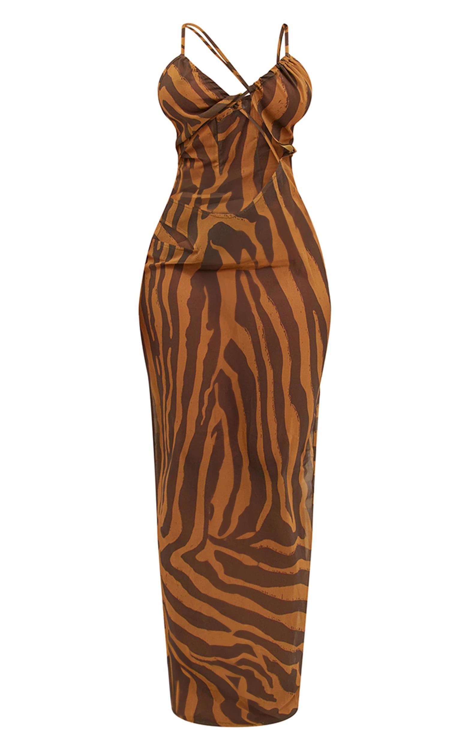 Shape Dark Khaki Abstract Zebra Chiffon Strappy Cut Out Maxi Dress Product Image
