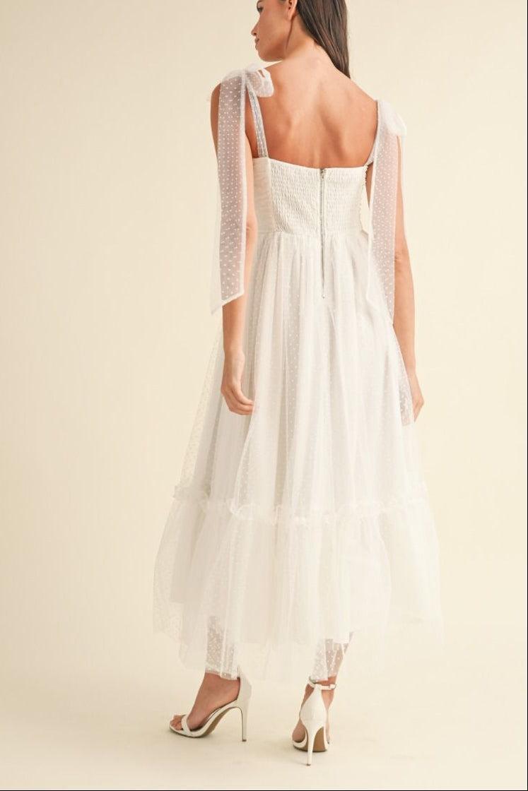 Polka Dot Mesh Tie Shoulder Midi Dress Product Image
