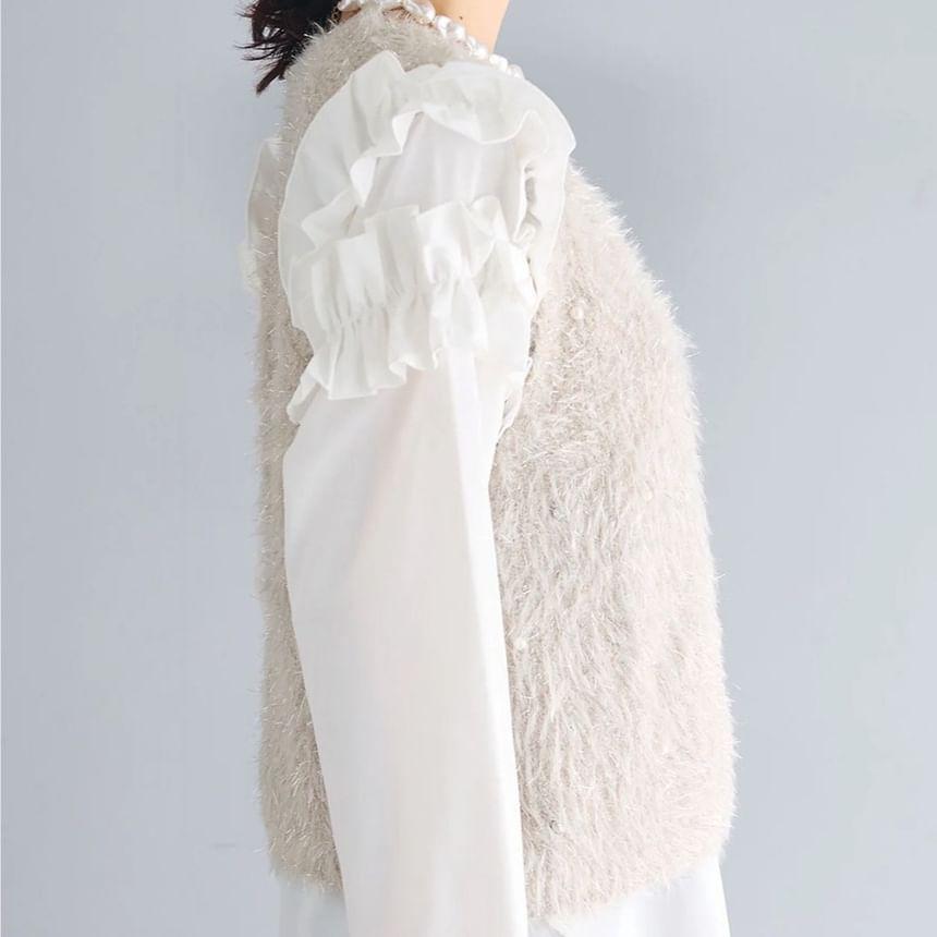 Fluffy Pearl Button V-Neck Sleeveless Vest Product Image