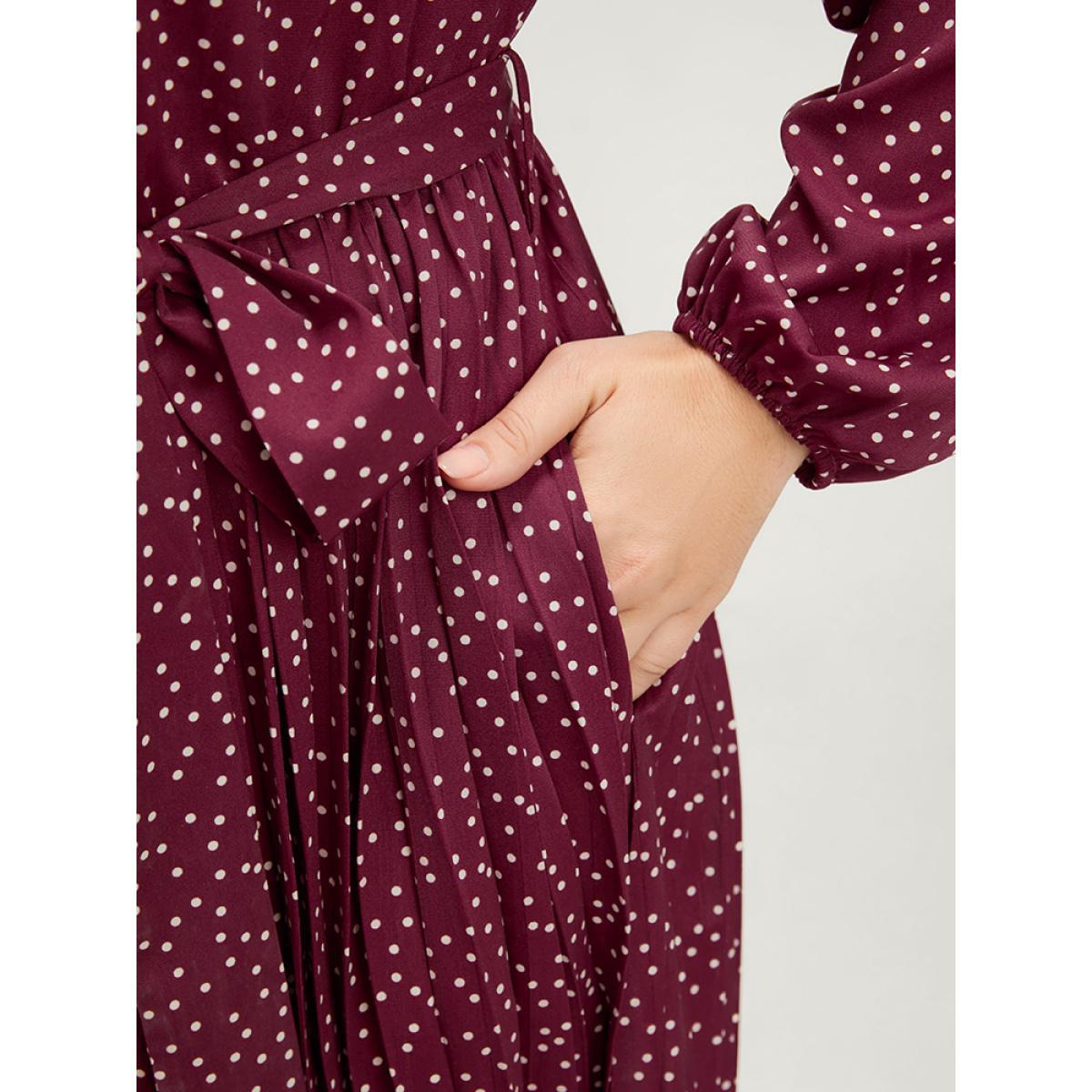 Plus Size Polka Dot Lantern Sleeve Pocket Belted Pleated Dress Purple Women Elegant Gathered Round Neck Long Sleeve Curvy Long Dress BloomChic 30/6X Product Image
