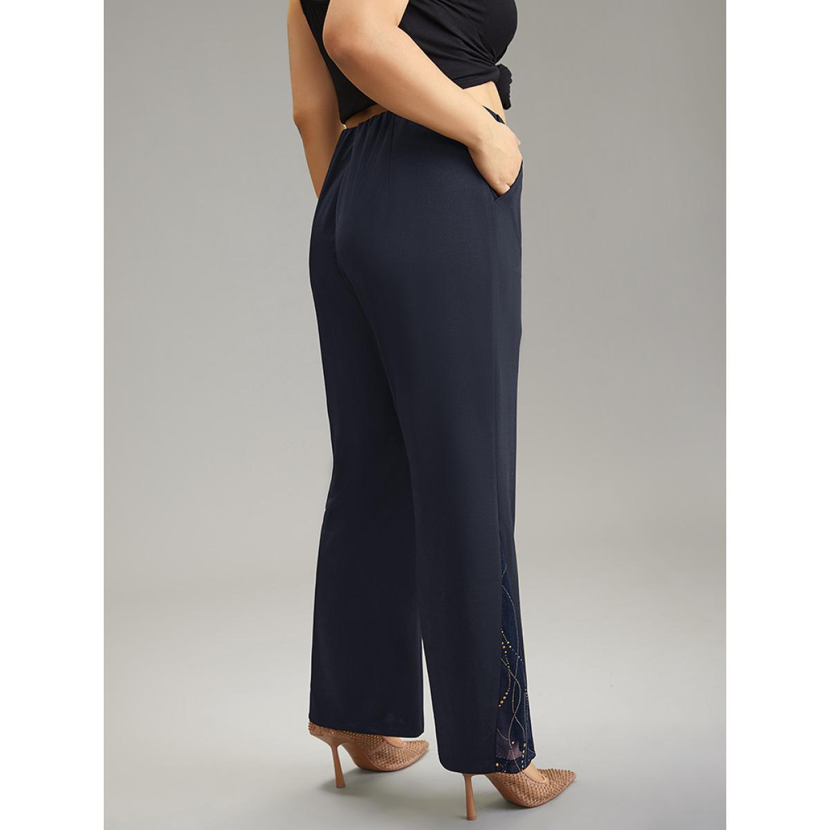 Plus Size Plain Rhinestone Patchwork Mesh Bootcut Pants Women Indigo Glamour Bootcut High Rise Party Pants BloomChic 30/6X Product Image