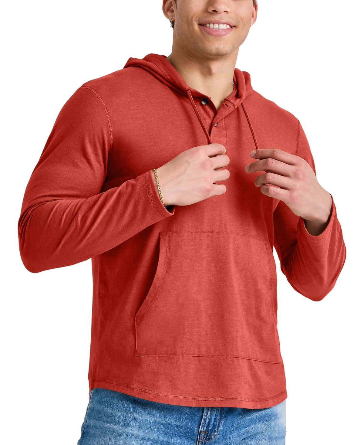 Men's Hanes® Originals Cotton Henley Hoodie, Size: Small, Red River Clay Product Image
