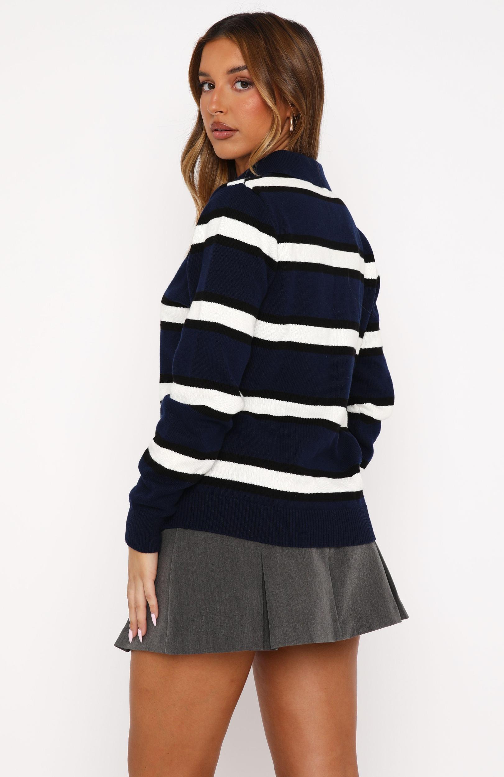 Standing Tall Knitted Polo Sweater Navy Stripe Product Image