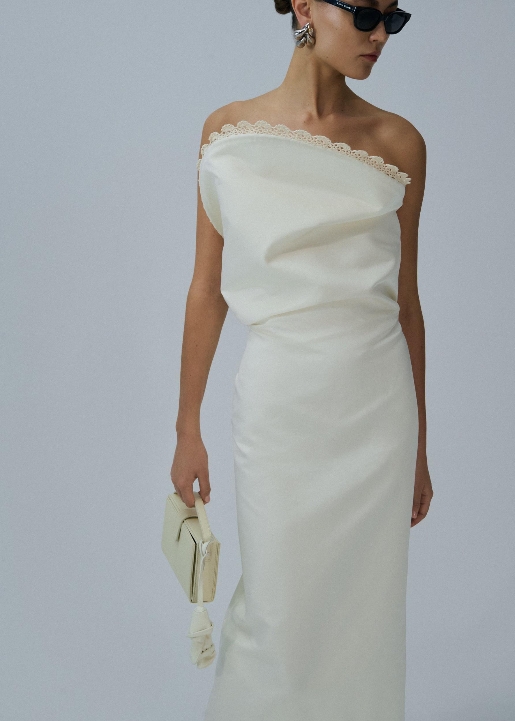 Lace trim sculptural midi dress in cream Product Image